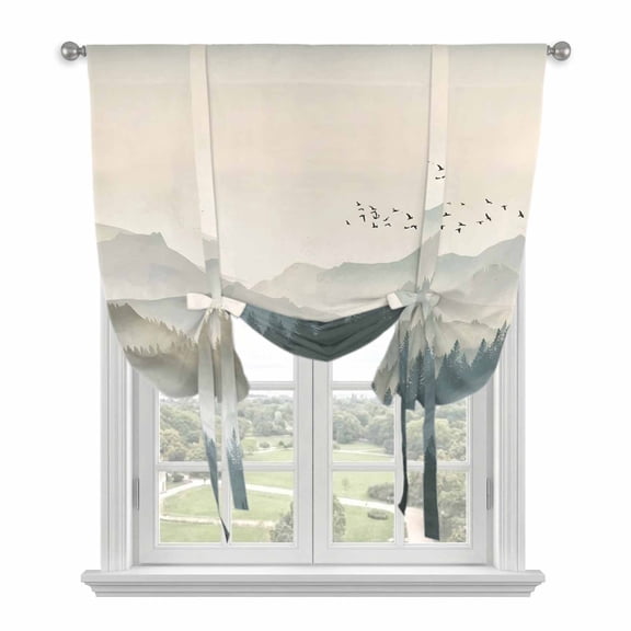 Mountains Tie Up Curtains 45 Inches Long, Kitchen Window Curtains Over Sink, Farmhouse Forest Nature Trees Landscape Small Window Curtains Shade Balloon Curtains Valances for Bedroom/Cafe 34"x45"