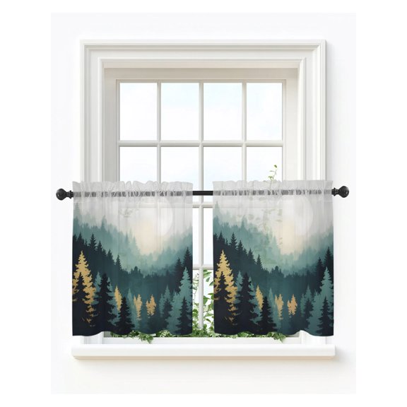 Mountains Tier Curtains 24 Inch Length,Sheer Curtains for Bedroom Living Room Window Nature Moon Forest Pine Trees Landscape Rod Pocket Drapes Kitchen Curtains Small Half Window 27.5"x24" 2 Panels