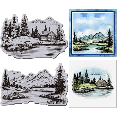 Mountains Trees Cling Rubbers Stamp 8.7"x7" Landscape EVA Cling Mount Stamps Lake Forest Scenery Rubber Stamp Set for Card Making Photo Album Decor Decoration DIY Scrapbooking Colorful