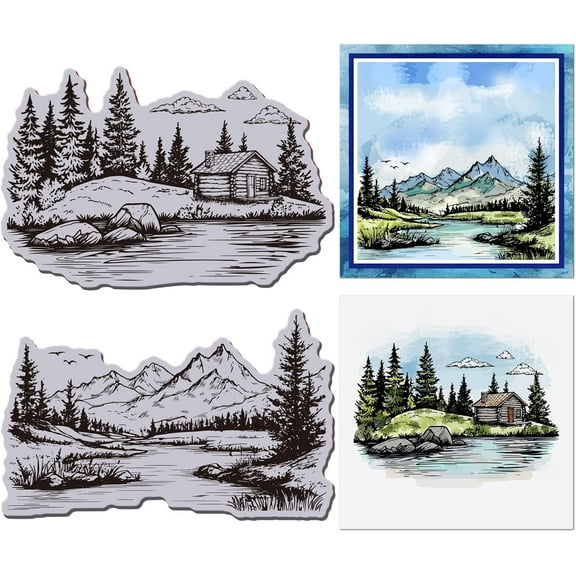 Mountains Trees Cling Rubbers Stamp 8.7"x7" Landscape EVA Cling Mount Stamps Lake Forest Scenery Rubber Stamp Set for Card Making Photo Album Decor Decoration DIY Scrapbooking White