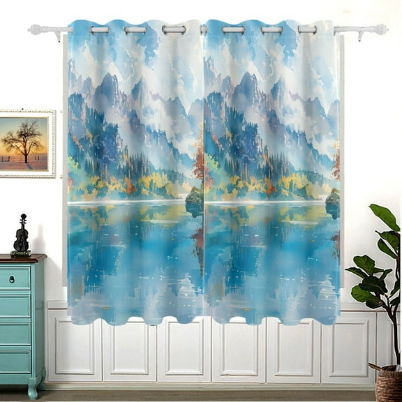Mountains Trees Sea Sky Blackout Curtain Panels 63x55in Drapes Privacy Assured for Living room Bedroom Bathroom 2 panels set