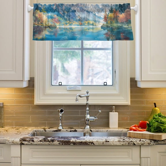 Mountains Trees Sea Sky Curtain Valances Farmhouse Design Window Treatment Decor Blackout Rod Pocket for Windows Living Room Kitchen 54" x 18"