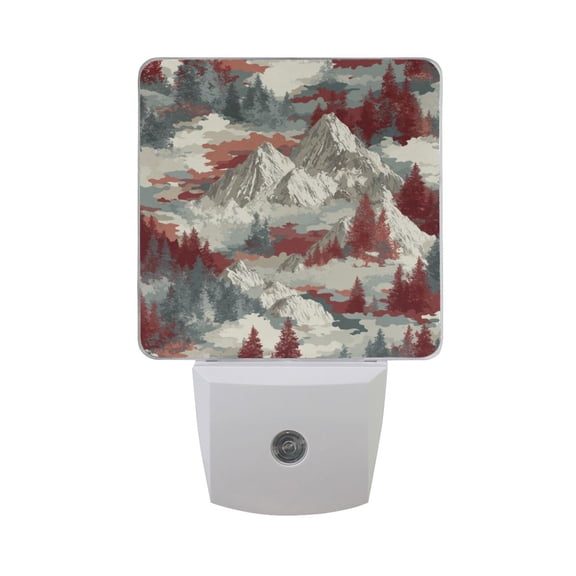 Mountains Trees with Red Shade LED Night Light Sensor Lamp Plug-in Adjustable Brightness 2 Pack