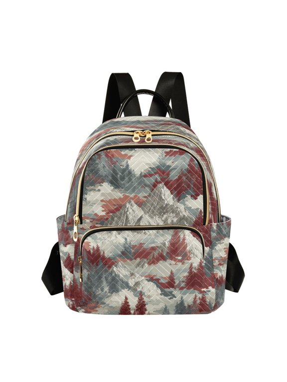 Mountains Trees with Red Shade Quilted Backpack Fashion Daypack Commuter Bag for Women 8.5 L