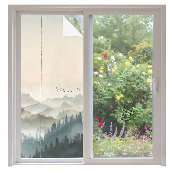 Mountains Window Privacy Film, Farmhouse Forest Nature Trees Landscape Static Cling UV Sun Blocking Heat Control Window Tint Day and Night, Non-Adhesive One Way Windows Privacy Cover 35.4''x78.7''