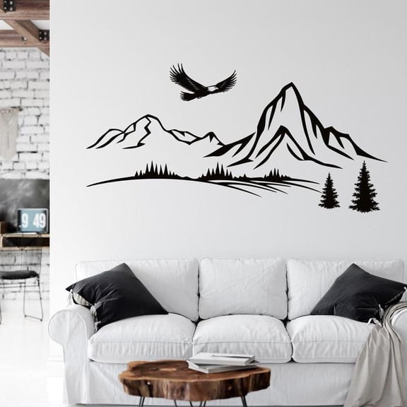 Mountains With Trees And Eagle Wall Decal Pine Trees Mountains Vinyl Sticker, Landscape Wall Art Decoration 115x57cm
