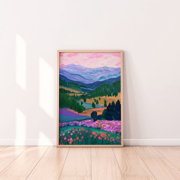 Mountains and Fields Acrylic Colorful Abstract Floral Decor, Unframed Paper Poster 16x20in