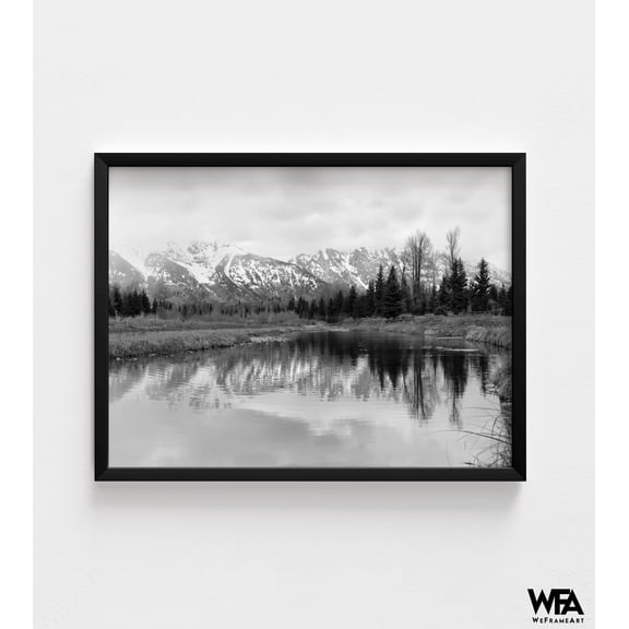 Mountains and Forest Black and white Landscape Photography Wall Decor, Outdoors Aesthetic Prints, Cloudy Winter Forest and Lake Photo Print
