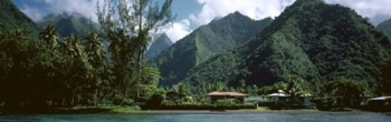 Mountains and buildings at the coast Tahiti Society Islands French Polynesia Canvas Art - Panoramic Images (36 x 12)