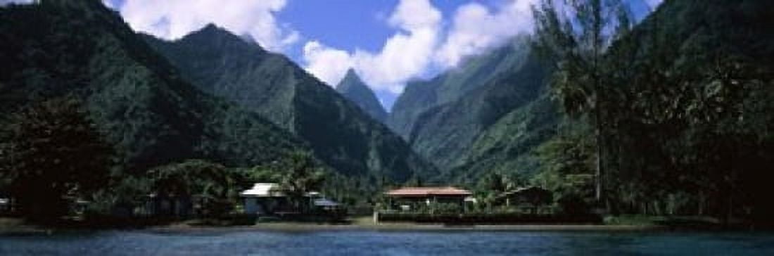 Mountains and buildings on the coast Tahiti French Polynesia Canvas Art - Panoramic Images (18 x 6)