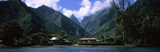 Mountains and buildings on the coast Tahiti French Polynesia Canvas Art - Panoramic Images (36 x 12)