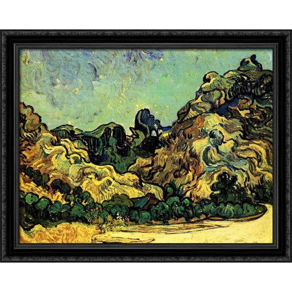 Mountains at Saint-Remy with Dark Cottage 34x28 Large Black Ornate Wood Framed Canvas Art by Vincent van Gogh