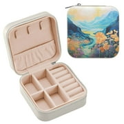 Mountains in Blue and Flowers Jewelry Travel Case Leather Women Girl Zipper Mini Jewelry Organizer Earrings Necklace Bracelet Storage Holder Box