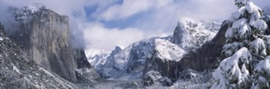Mountains and waterfall in snow Tunnel View El Capitan Half Dome Bridal Veil Yosemite National Park California USA Canvas Art - Panoramic Images (36 x 12)