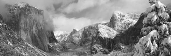 Mountains and waterfall in snow Tunnel View El Capitan Half Dome Bridal Veil Yosemite National Park California USA Canvas Art - Panoramic Images (36 x 12)