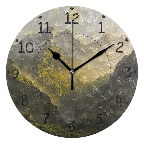 Mountains with Trees Sunbeam Oil Painting Round Wall Clock Silent Analog Battery Operated Black Pointer Home Decor 9.84" Diameter