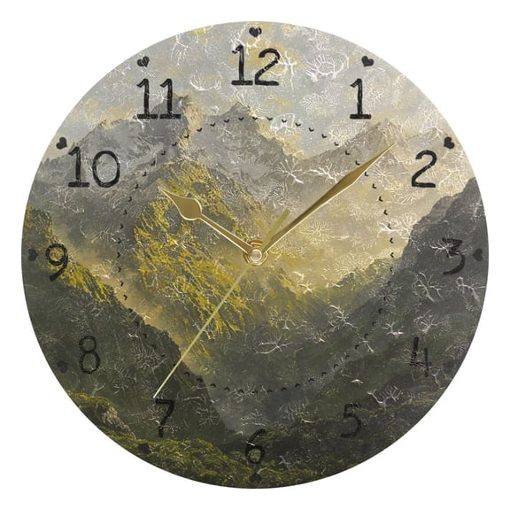 Mountains with Trees Sunbeam Oil Painting Round Wall Clock Silent Analog Battery Operated Gold Pointer Home Decor 9.84" Diameter
