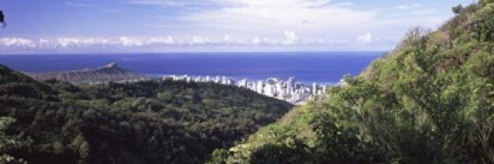 Mountains with city at coast in the background Honolulu Oahu Honolulu County Hawaii USA Canvas Art - Panoramic Images (36 x 12)