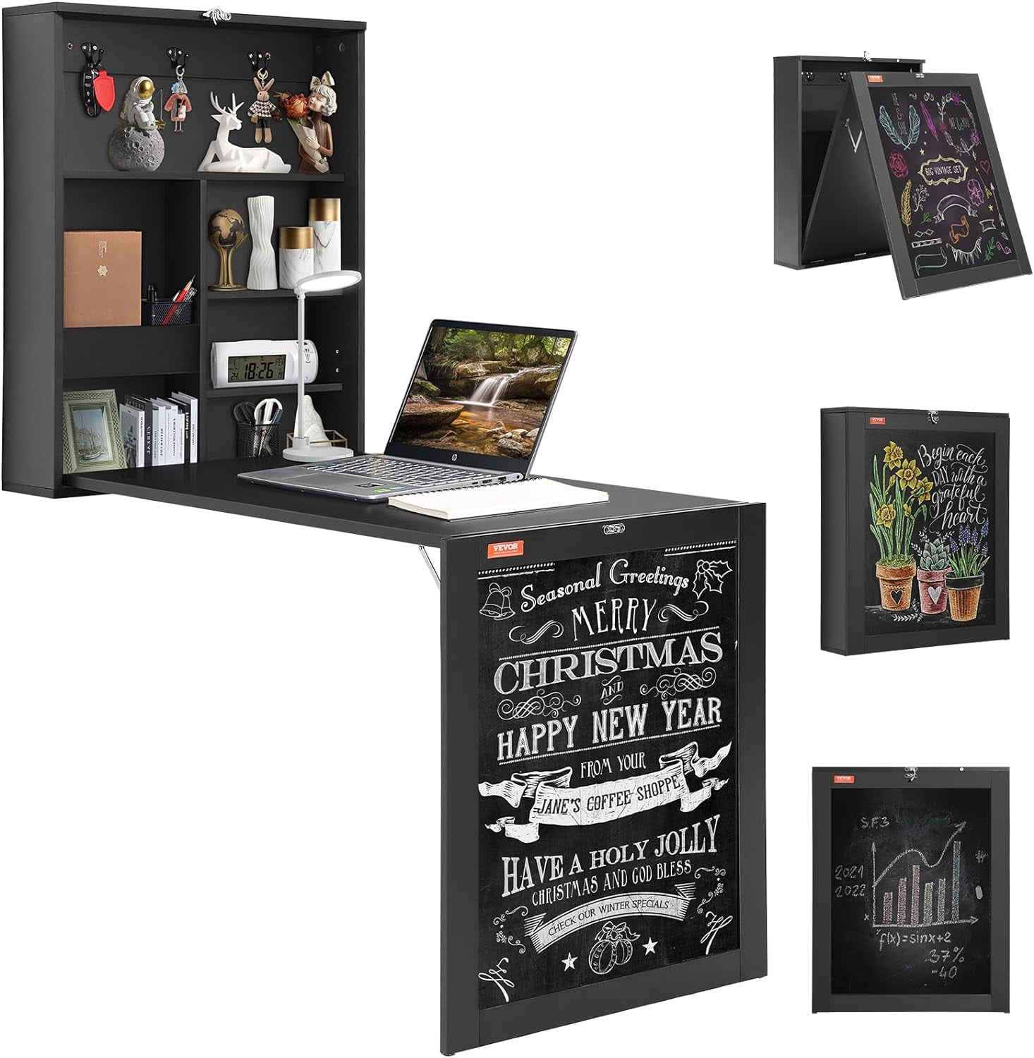 Black Wall-Mounted Folding Desk with Chalkboard and Storage