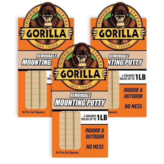 Mounting Putty, Natural Tan Color, 84 Pre-Cut Squares (Pack of 3) - Non-Toxic Removable & Repositionable Wall Putty