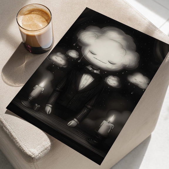 Mourning Cloud Creature Dark Decor Sad Head Gothic Moody Victorian Dark Academia Black White, Unframed Poster