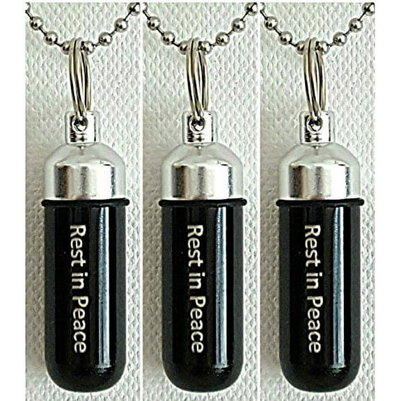 Mourning Set of 3 - LASER ENGRAVED - "Rest In Peace" BLACK & Silver Finish CREMATION URN Keepsakes with Velvet Pouches, Ball-Chains & Fill Kit