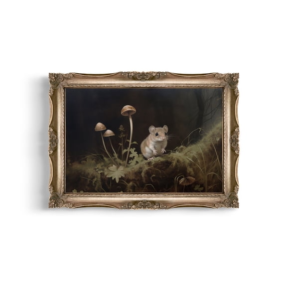 Mouse And Mushrooms Cottagecore Forest Wall Art Print, Moody Nature Aesthetic, Dark Cottage Core, Living Room And Gallery Wall Decor