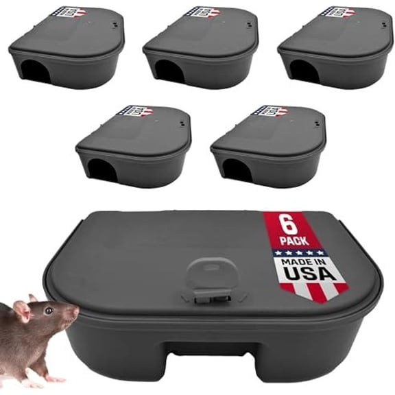 Mouse Bait Station Kit - Heavy-Duty Indoor & Outdoor Use - Bait Stations for Yard - Secure Key-Lock Design - Pack of 6, 1 Key, Black, 4.75in x 3.5in x 1.25in
