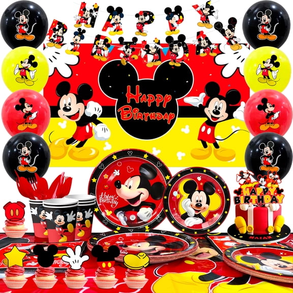 Mouse Birthday Party Supplies, 112 Pieces Cartoon Mouse Birthday Decorations & Tableware Set - Mouse Birthday Plates Cups Napkins Banners Balloons and More Party Supplies