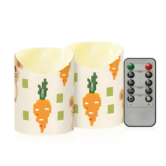 Mouse Carrot Pixel Style Flickering Flameless Candles with Remote Timer Battery Operated LED Tealight Set of 2 S