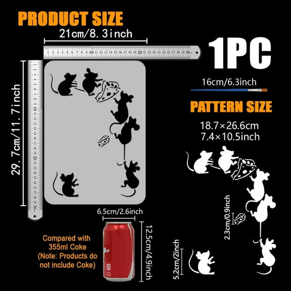 Mouse Cheese Stencil with Paint Brush 8.3x11.7inch Cute Mouse Painting Template Cheese Pattern Stencil for Painting Mouse Silhouette Template Animal Theme Template for Wall Decoration