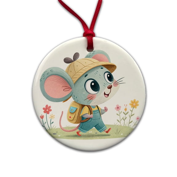 Mouse Children's Illustration Style Christmas Tree Holiday Round Ceramic Ornament