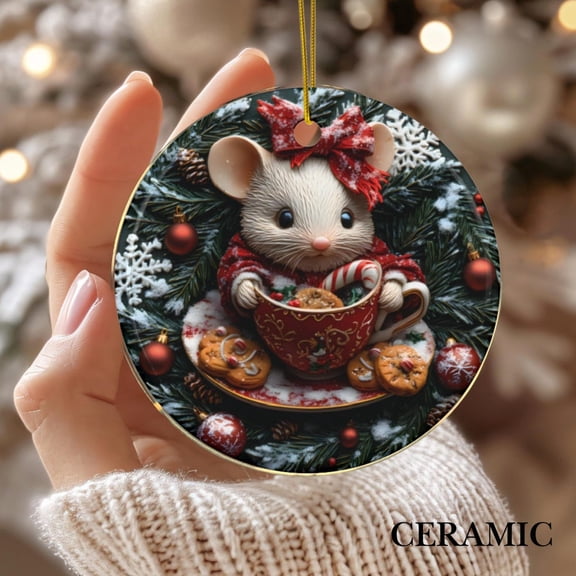 Mouse Christmas Ornament Mice Christmas Decoration Rat Christmas Gift Idea Heirloom Keepsake Animal Ceramic Gift Exchange Mouse Lover Gift 2D FLAT Ceramic Ornament