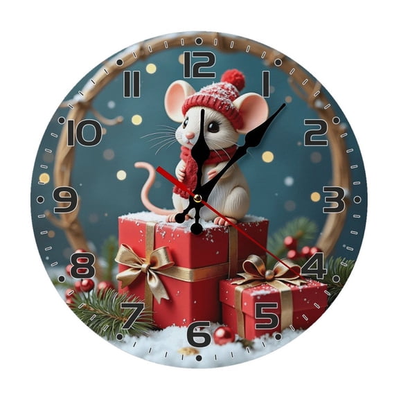 Mouse Christmas Winter Wall Clock 10 Inch Silent Non Ticking Round Clock Decoration for Living Room Kitchen Bedroom Bathroom Office Classroom