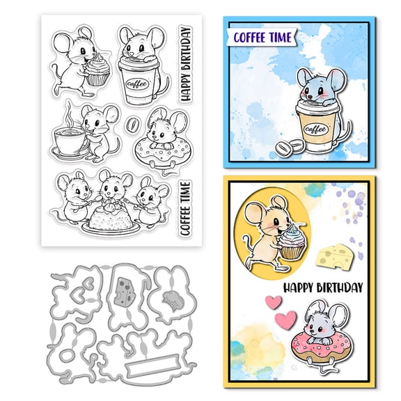 Mouse Clear Stamps Cutting Dies for Birthday Card Making Silicone Coffee Cake Clear Stamp Metal Dessert Die Cuts