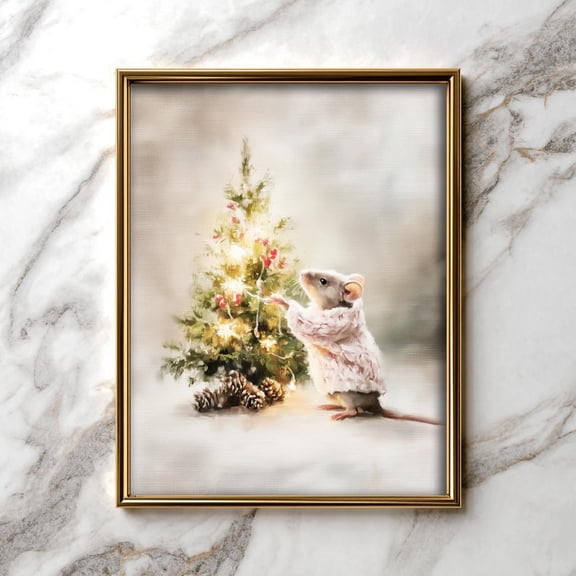 Mouse Decorating Tree Wall Art Print, Cozy Cottagecore Christmas Scene