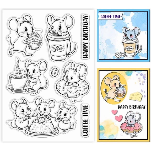 Mouse and Dessert Clear Stamps for Scrapbooking Mouse and Coffee Clear Stamps Cartoon Animal Silicone Transparent Stamp for Card Making DIY Embossing Journaling Silver DIY