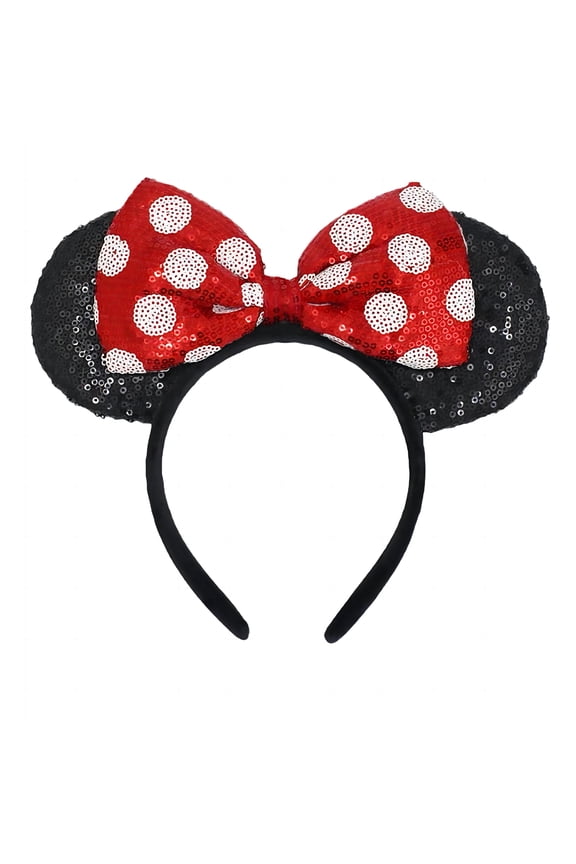 Mouse Ears Headbands, Sequin Mouse Ears Shiny Red Bow Polka Dots Headband for Women Girls Boys Party Decorations Hair Accessories