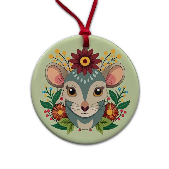 Mouse Floral Flowers Christmas Tree Holiday Round Ceramic Ornament