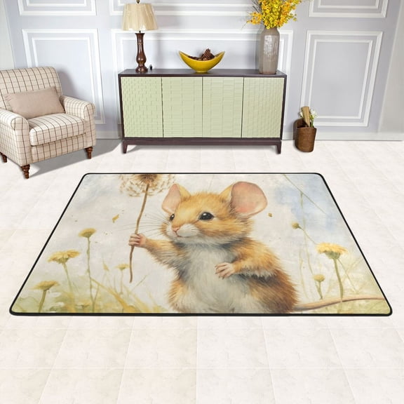 Mouse Flowers Grass Dandelion Area Rug Washable 72 x 48 Floor Carpet Mat Non Slip for Bedroom Living Room Kids Room Home Decor