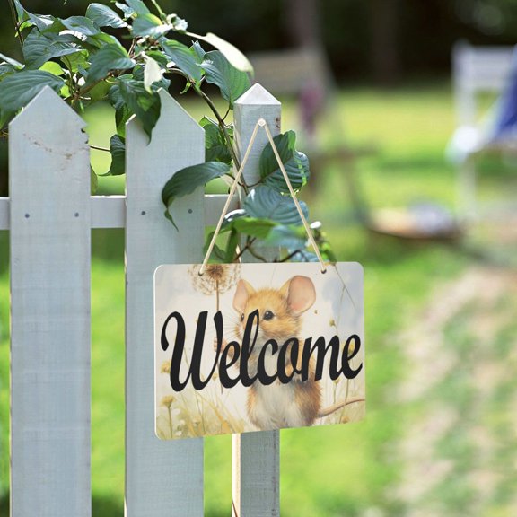 Mouse Flowers Grass Dandelion Welcome Sign for Front Door Porch Wreath Door Sign Home Decoration Rustic Farmhouse Style