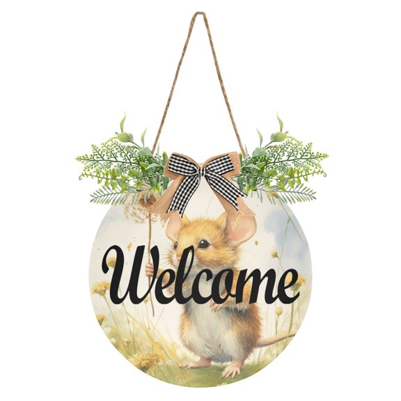 Mouse Flowers Grass Dandelion Welcome Sign for Front Door Wreath Door Sign for Farmhouse Porch Decoration Indoor Outdoor