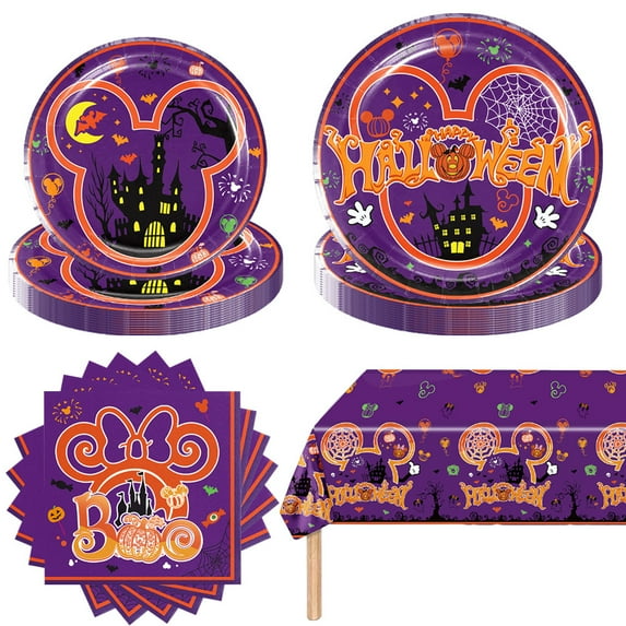 Mouse Halloween Party Decorations Halloween Mouse Theme Tableware Set Tablecloth, Plates and Napkins Table Decorations Cute Themed Decorations Dinnerware for Birthday Halloween Party