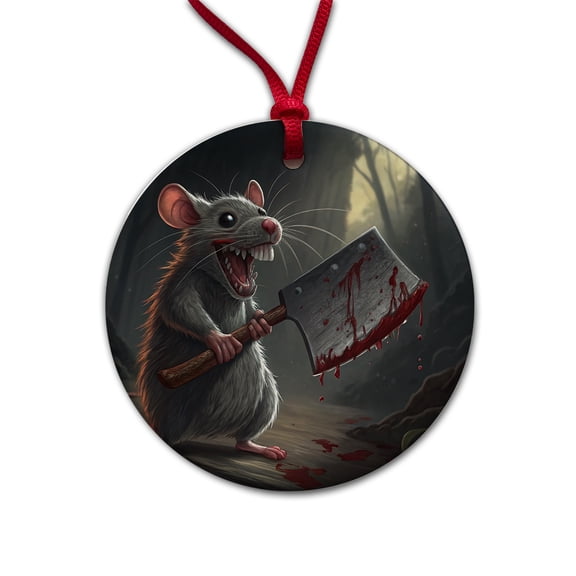 Mouse Holding A Bloody Meat Cleaver Halloween Scary Christmas Tree Holiday Round Ceramic Ornament