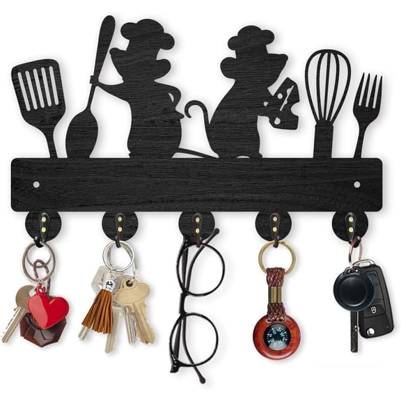 Mouse Kitchenware Coat Rack Wall Mount 11.8×7.2inch Wood Key Holder for Wall 2 Mice Spatula Spoon Fork Wall Key Hooks Hanger 5 Alloy Hooks Black Key Rack for Kitchen Home Art Decor Door Gift