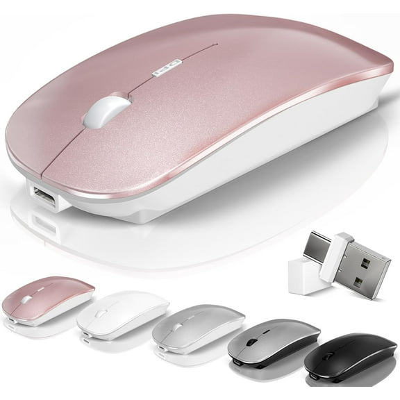 Mouse for Laptop Wireless Bluetooth - MacBook Air Mac Pro PC iPad Optical Rechargeable Silent with Jiggler Dual Mode Switch 5.2/3.0 and 2.4GHz USB-A Type-C Receiver Rose Gold