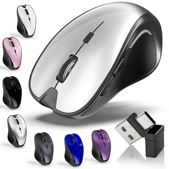 Mouse for MacBook Bluetooth Wireless Mouse Laptop MacBook Air Mac Pro Silent Rechargeable PC iPad Optical Mouse with Jiggler Dual Mode Switch Bluetooth 5.2/3.0 and 2.4GHz USB Type-C Receiver SILVERY