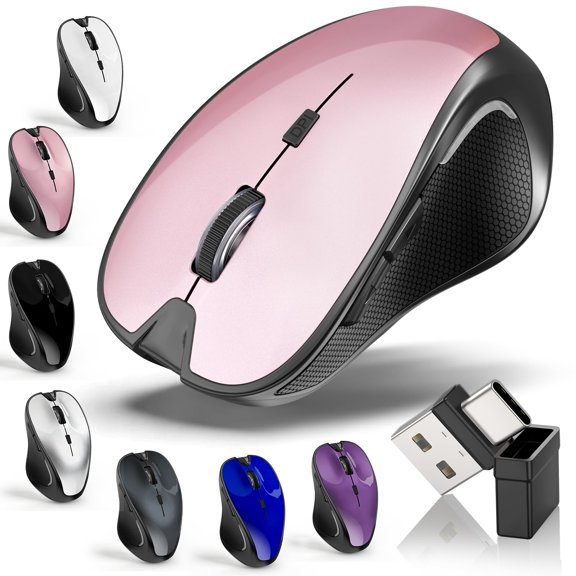 Mouse for MacBook Bluetooth Wireless Mouse Laptop MacBook Air Mac Pro Silent Rechargeable PC iPad Optical Mouse with Jiggler Dual Mode Switch Bluetooth 5.2/3.0 and 2.4GHz USB Type-C Receiver ROSE GOL