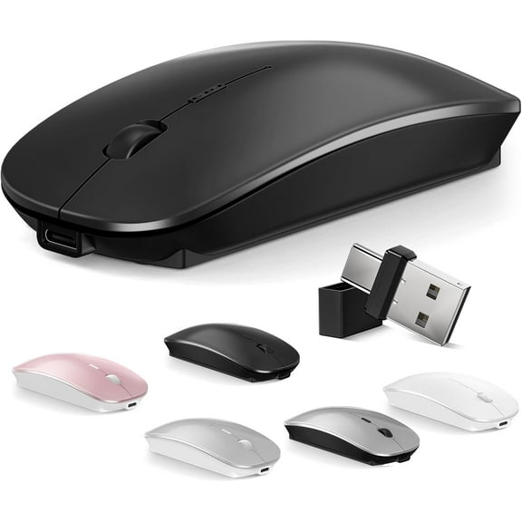 Mouse for MacBook Wireless Bluetooth Laptop Air Mac Pro Rechargeable Silent PC iPad Optical Mice with Dual Mode Switch 5.2/3.0 and 2.4GHz USB Type-C Receiver Black