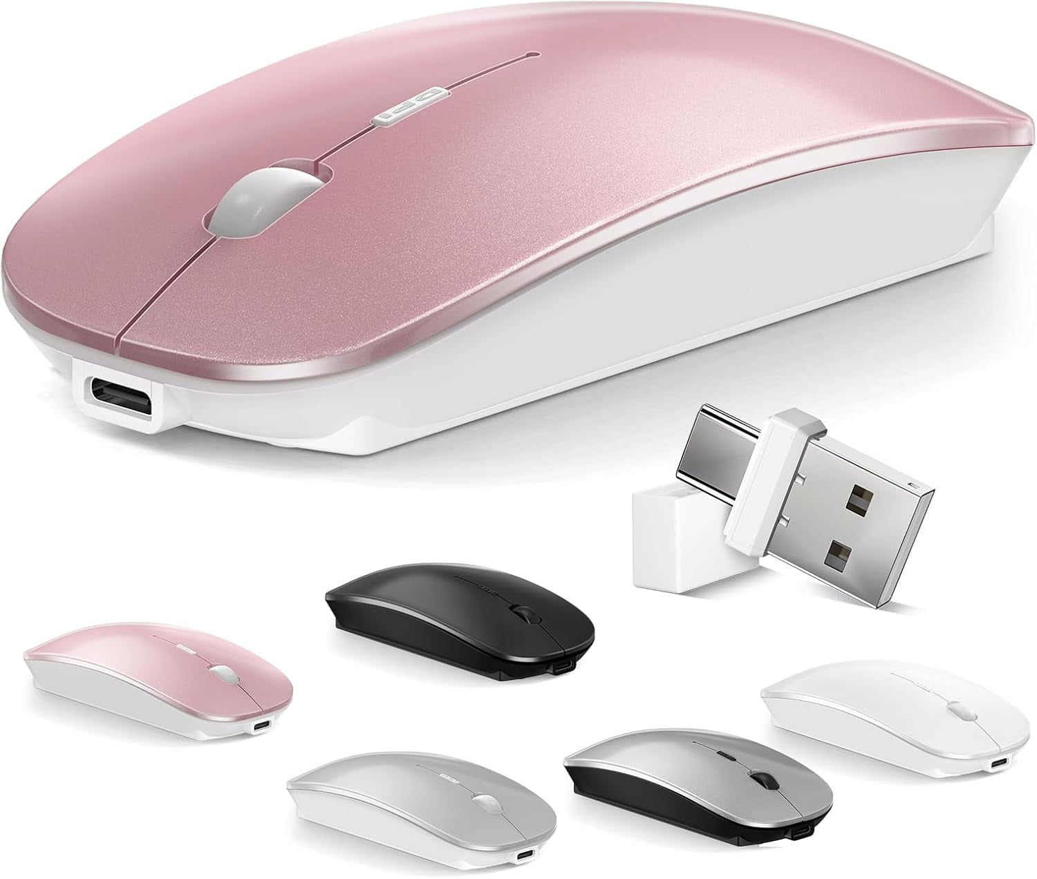 Mouse for MacBook Wireless Bluetooth Laptop Air Mac Pro Rechargeable Silent PC iPad Optical with Dual Mode Switch 5.2/3.0 and 2.4GHz USB Type-C Receiver Rose Gold